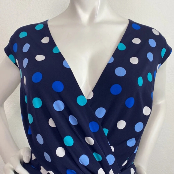 Brannan Woman Navy Blue V-Neck Belted Cap Sleeves Polka Dot Dress Plus Size 16 - Picture 2 of 9